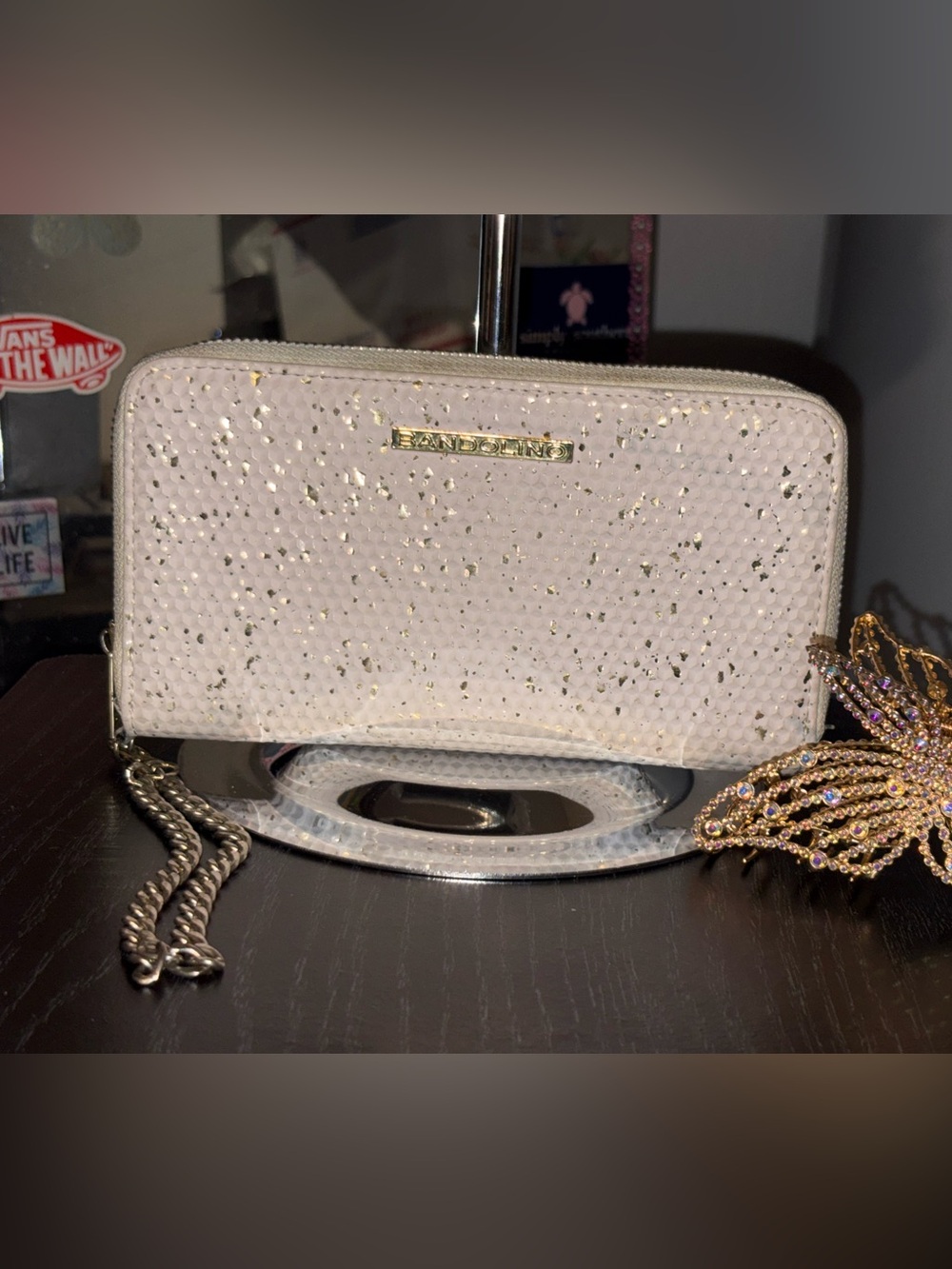 Bandolino White Glitter Wristlet with Gold Flecks